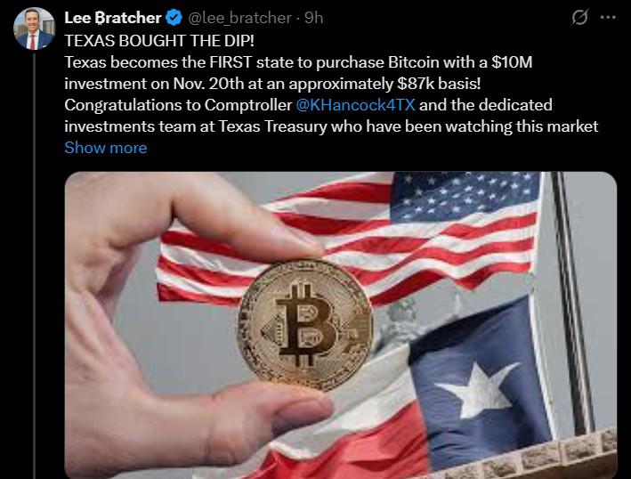 德克萨斯州投资1000万美元购买比特币,成为美国首个投资加密货币的州。